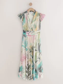 Ecru met bloemenmotief - Halflange geplooide mesh gelegenheidsmaxi-jurk met print en V-hals