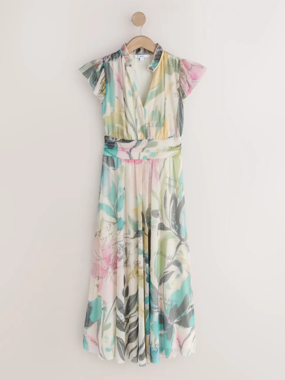 Ecru met bloemenmotief - Halflange geplooide mesh gelegenheidsmaxi-jurk met print en V-hals