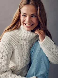 Ecru wit - Roll Neck Cable Longline Jumper with Wool