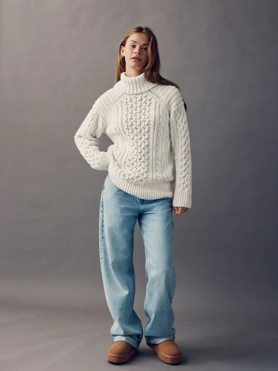 Ecru wit - Roll Neck Cable Longline Jumper with Wool
