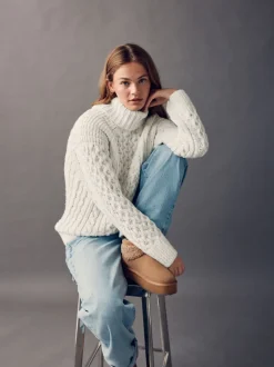 Ecru wit - Roll Neck Cable Longline Jumper with Wool