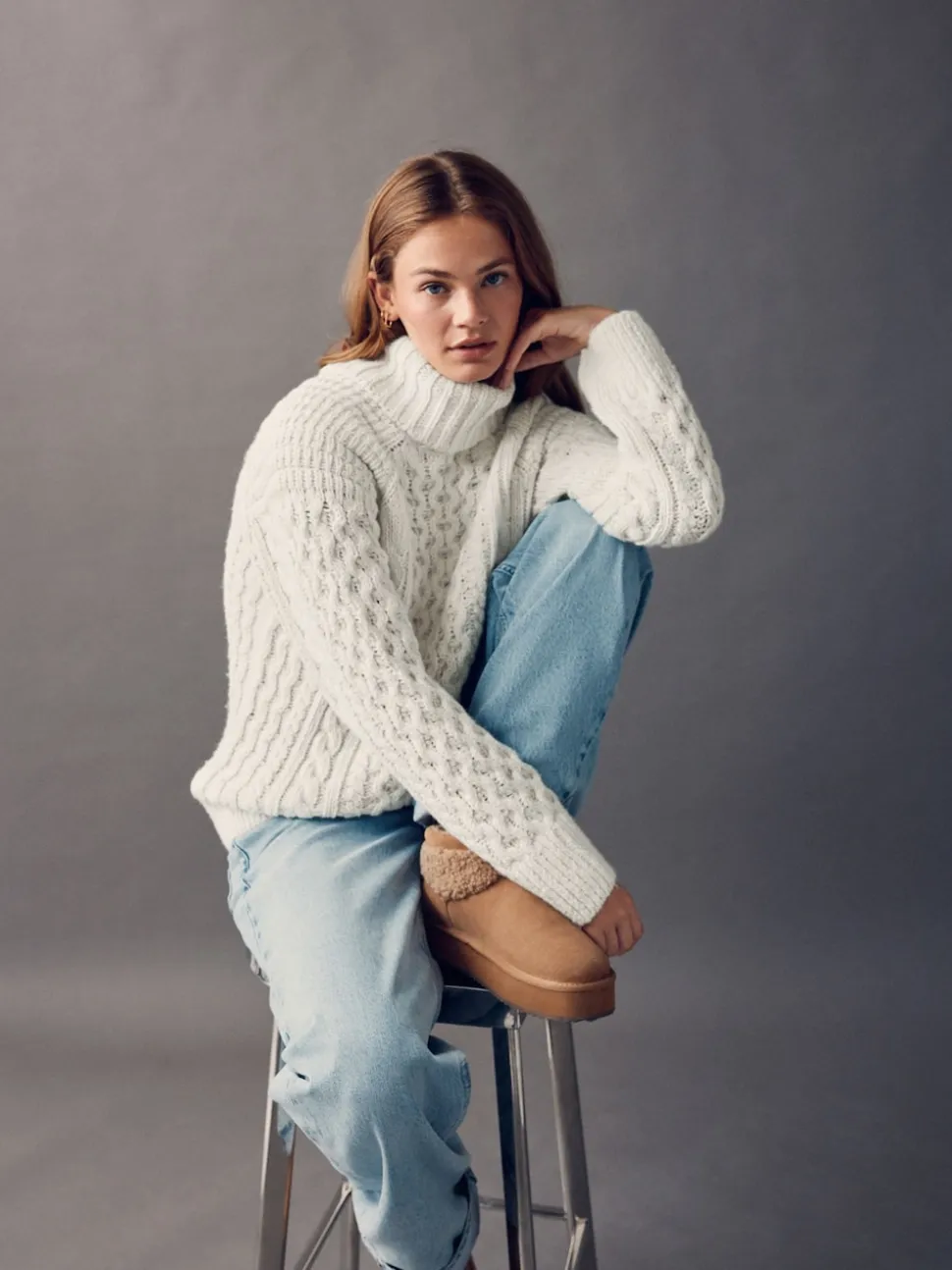Ecru wit - Roll Neck Cable Longline Jumper with Wool
