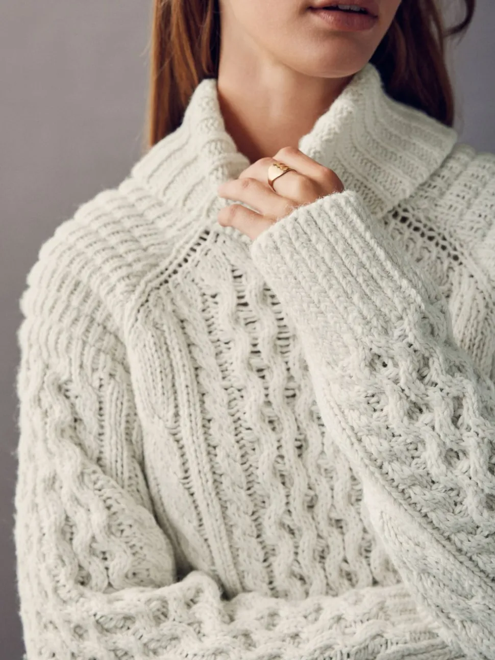 Ecru wit - Roll Neck Cable Longline Jumper with Wool