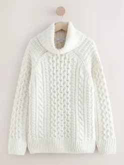 Ecru wit - Roll Neck Cable Longline Jumper with Wool