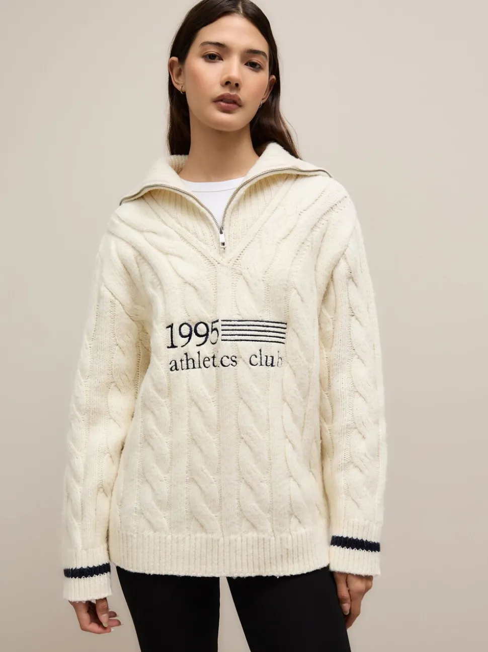 Ecru-crème - Cable Zip Neck 1995 Graphic Jumper