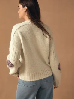 Ecru/Paarse Bloemen - Trui met ronde hals van wol
