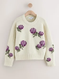 Ecru/Paarse Bloemen - Trui met ronde hals van wol