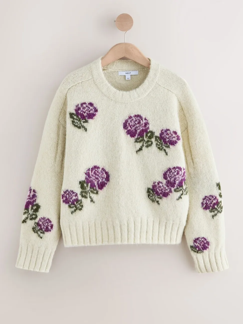 Ecru/Paarse Bloemen - Trui met ronde hals van wol