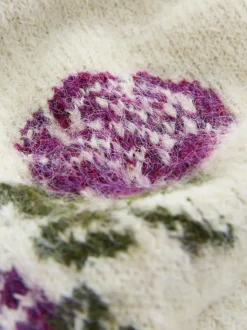 Ecru/Paarse Bloemen - Trui met ronde hals van wol