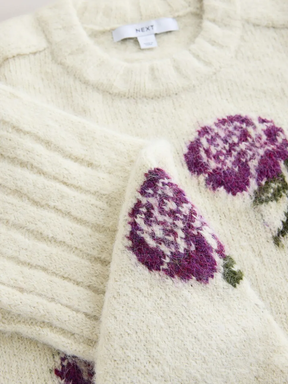 Ecru/Paarse Bloemen - Trui met ronde hals van wol