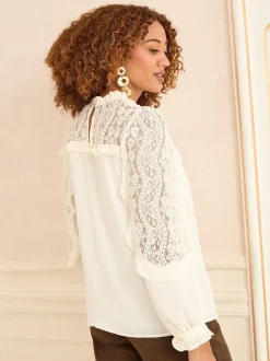 Ecruwit - Love & Roses Crew Neck Lace Yoke Long Sleeve Blouse