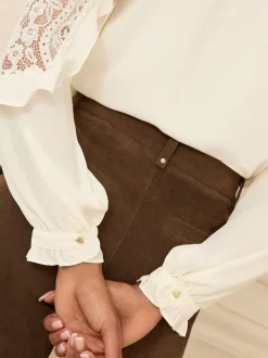 Ecruwit - Love & Roses Crew Neck Lace Yoke Long Sleeve Blouse