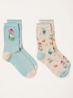 FatFace Two Pack Floral Frog Socks in a Box