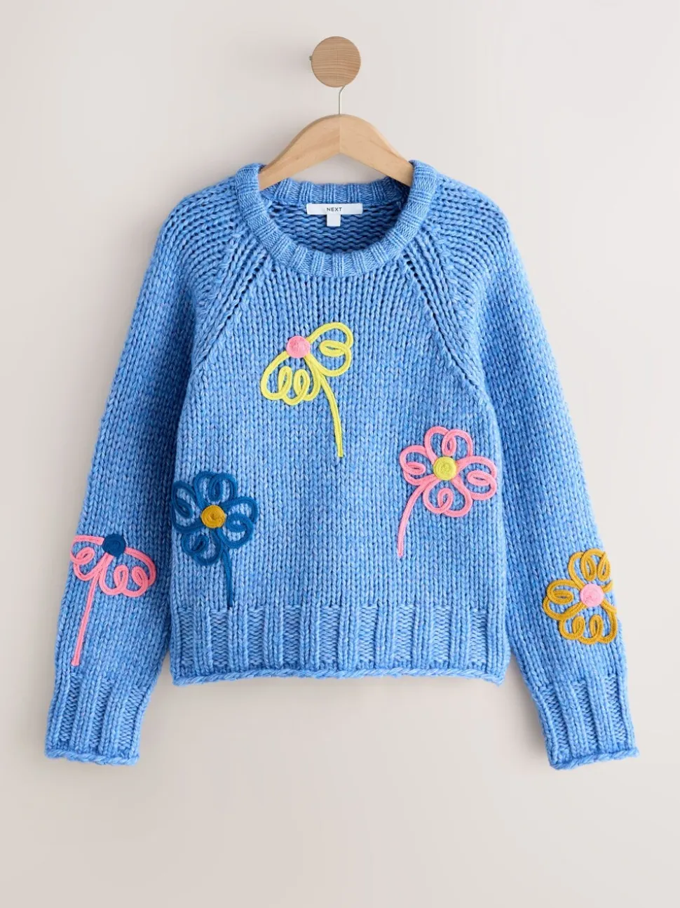 Felblauw met bloemenprint - Grofgebreide trui met ronde hals en wol