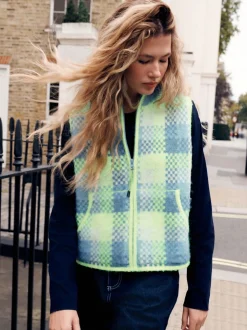 Fluro Green/Blue Check - Zip-Up Knitted Brushed Gilet
