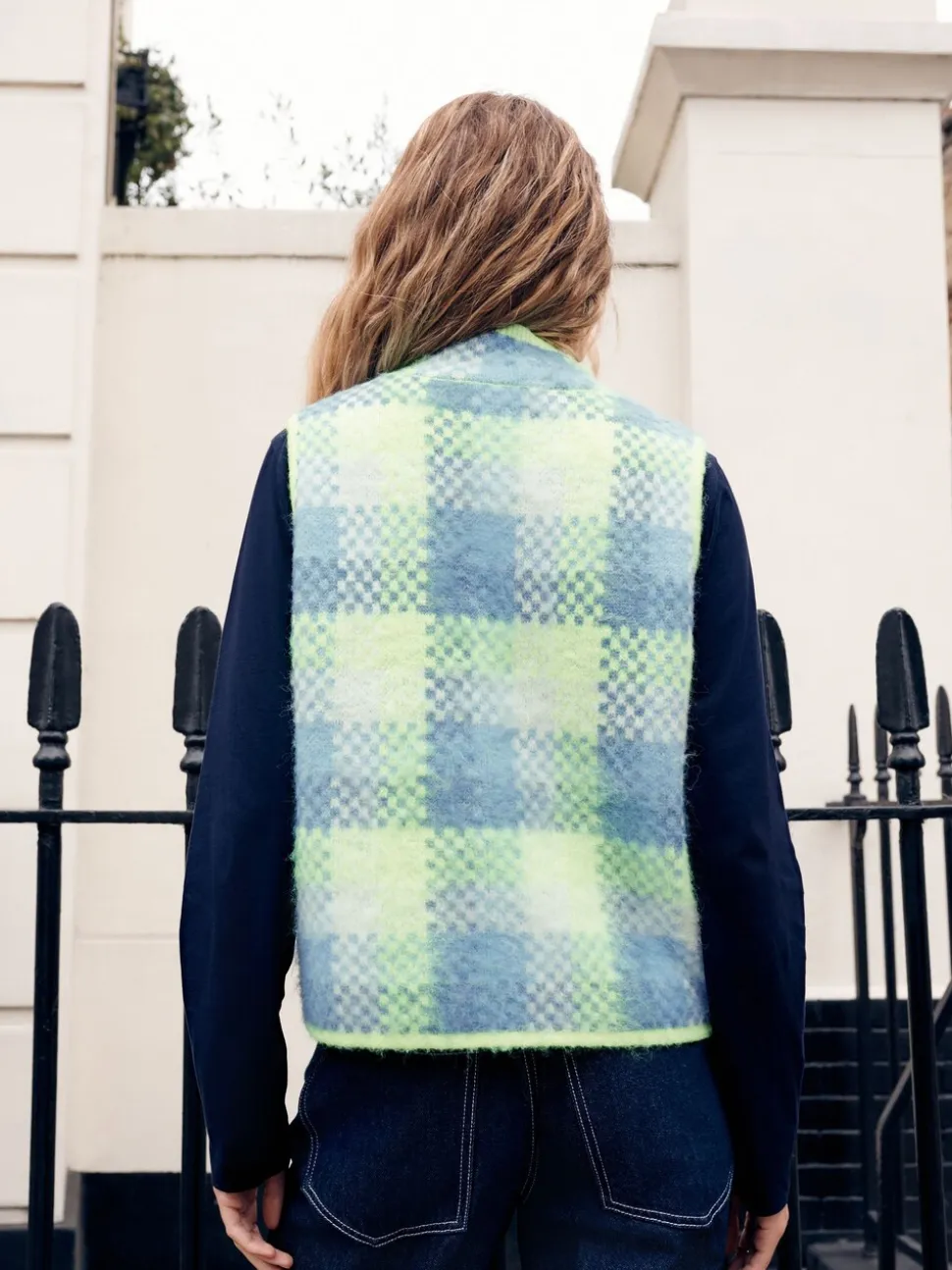 Fluro Green/Blue Check - Zip-Up Knitted Brushed Gilet
