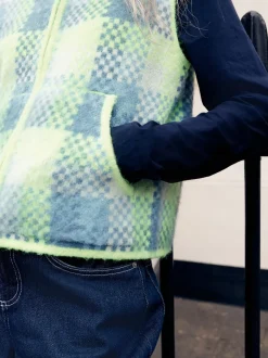 Fluro Green/Blue Check - Zip-Up Knitted Brushed Gilet