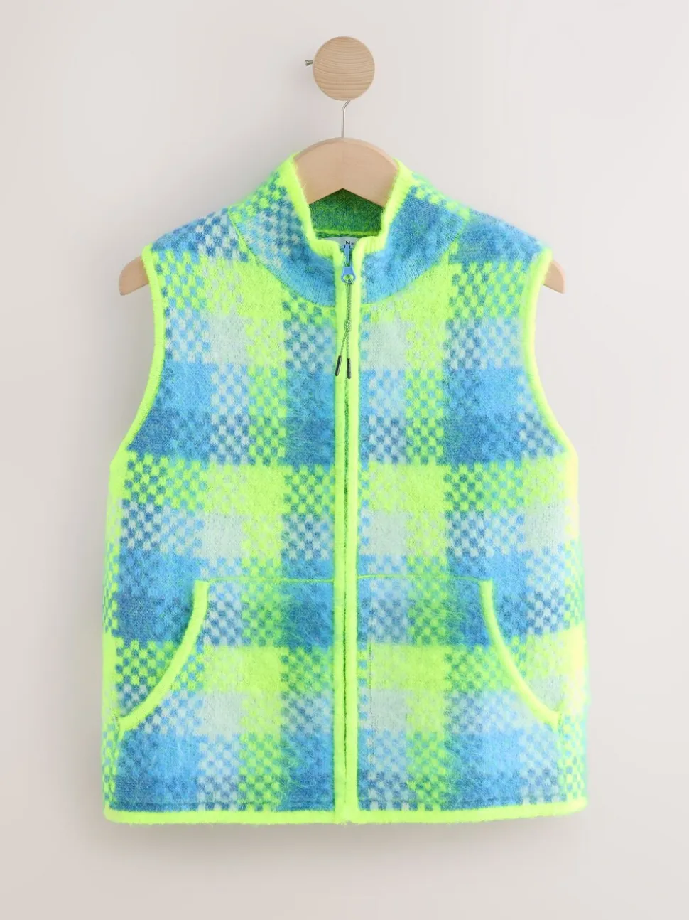 Fluro Green/Blue Check - Zip-Up Knitted Brushed Gilet