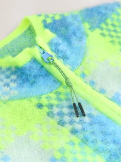 Fluro Green/Blue Check - Zip-Up Knitted Brushed Gilet