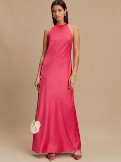 Framboosroze - Bridesmaids Satin Halterneck Maxi Dress