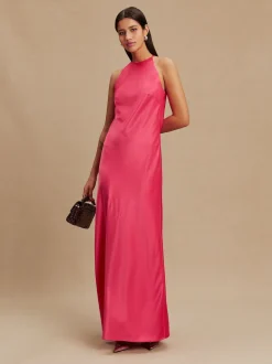 Framboosroze - Bridesmaids Satin Halterneck Maxi Dress