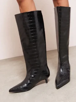 Friends Like These Faux Croc Leather Kitten Heel Formal Knee High Shaft Long Boots