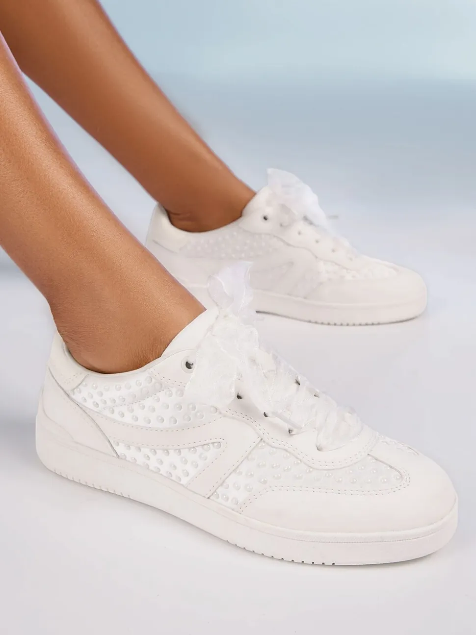 Friends Like These Faux Leather Pearl Lace Up Flat Bridal Trainers