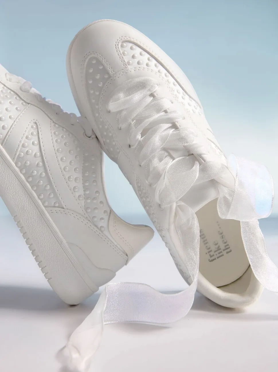 Friends Like These Faux Leather Pearl Lace Up Flat Bridal Trainers