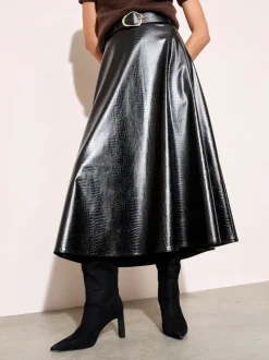 Friends Like These Faux Leather Belted Hem Midi Skirt
