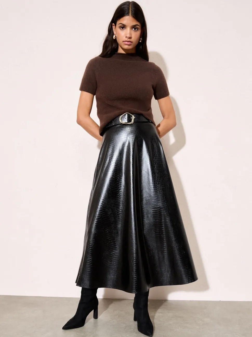Friends Like These Faux Leather Belted Hem Midi Skirt