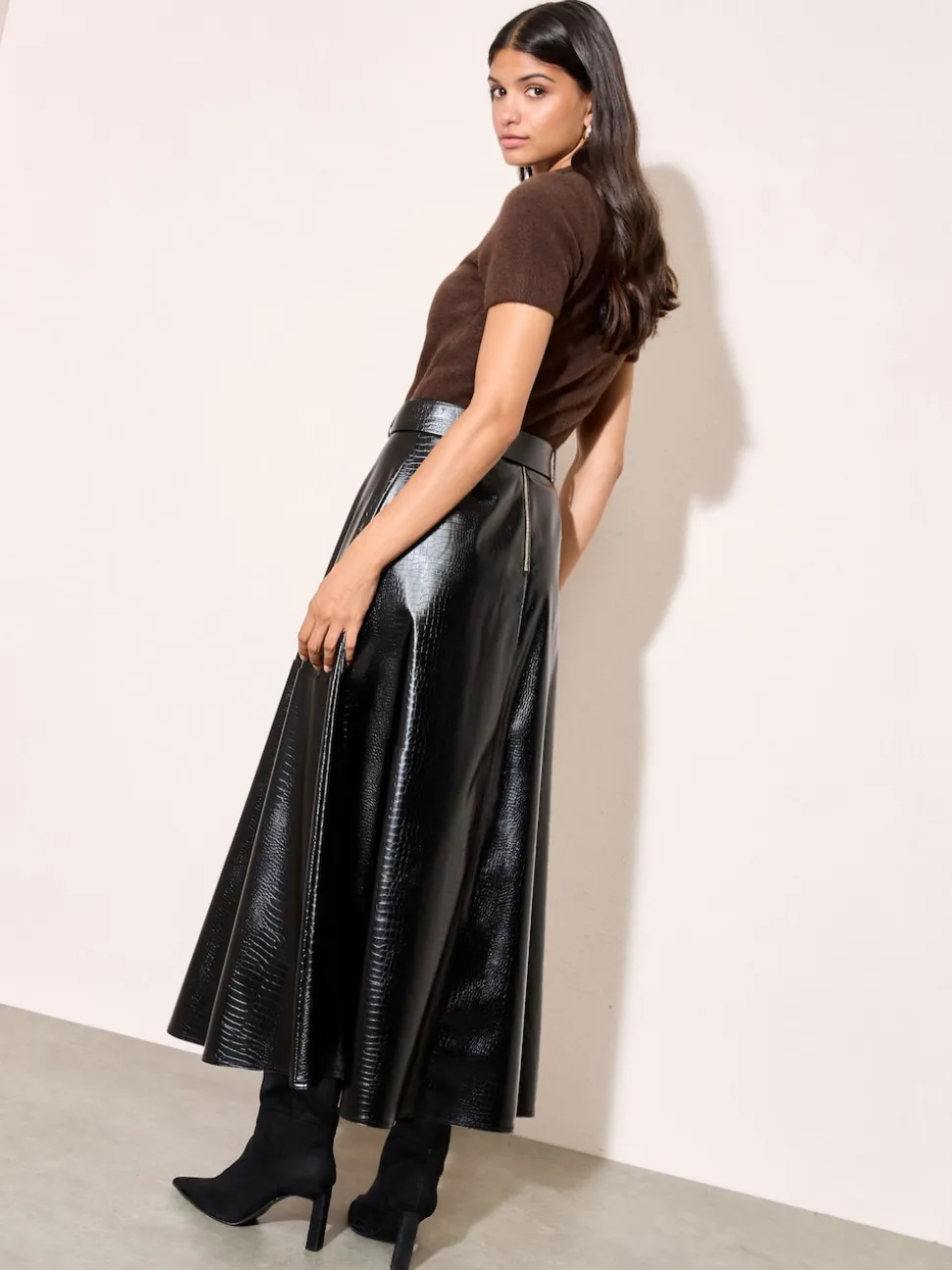 Friends Like These Faux Leather Belted Hem Midi Skirt