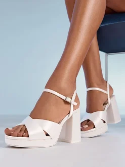 Friends Like These Satin Mid Block Heel Cross Strap Platform Bridal Sandals