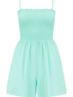 Gegrond blauw - Pour Moi geweven strand-playsuit zonder bandjes met gesmokt lijfje