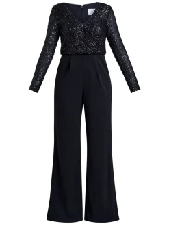 Gina Bacconi Allegra Sequin Crepe Black Jumpsuit