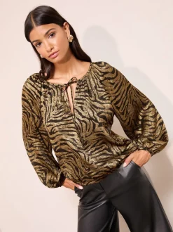 Gold Zebra Print - Friends Like These Long Sleeve Bubble Hem Tie Neck Blouse