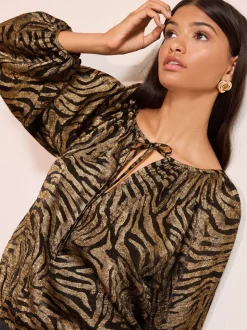 Gold Zebra Print - Friends Like These Long Sleeve Bubble Hem Tie Neck Blouse