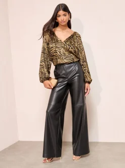 Gold Zebra Print - Friends Like These Long Sleeve Bubble Hem Tie Neck Blouse