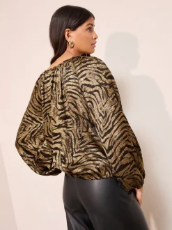 Gold Zebra Print - Friends Like These Long Sleeve Bubble Hem Tie Neck Blouse