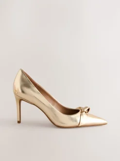 Goud - Forever Comfort® Leren Pump met Strik en halfhoge hak