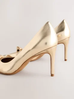 Goud - Forever Comfort® Leren Pump met Strik en halfhoge hak