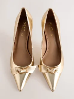Goud - Forever Comfort® Leren Pump met Strik en halfhoge hak
