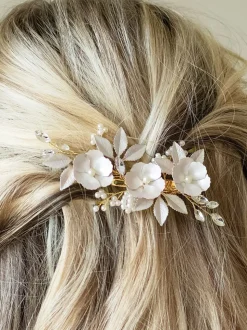 Goud - Ivory & Co - Gardenia klem met kristallen, parels en geëmailleerde bloem