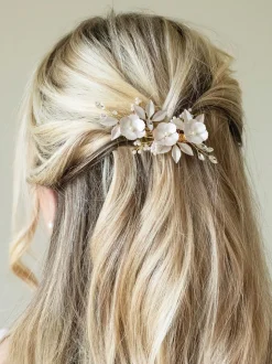 Goud - Ivory & Co - Gardenia klem met kristallen, parels en geëmailleerde bloem
