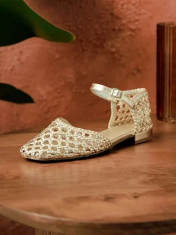 Goud - Linzi Suki handgeweven pumps met lage blokhak