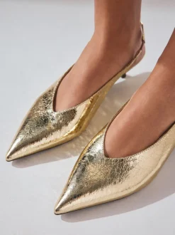 Goud - Punt Toe Lage Slingback Naaldhak Schoenen