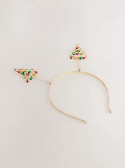 Goudkleurig - Bopper kersthoofdband met kerstboom en belletjes
