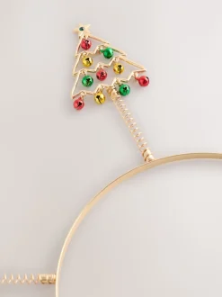 Goudkleurig - Bopper kersthoofdband met kerstboom en belletjes