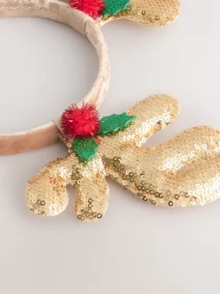 Goudkleurig - Kersthoofdband met rendier en pailletten