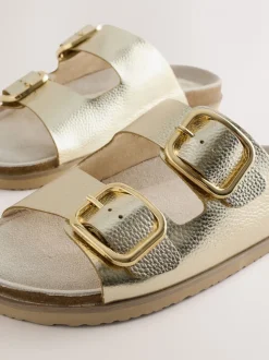 Goudkleurig leer - Sandalen met dubbele bandjes en voetbed