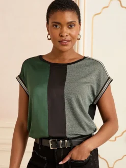 Green and Black Embellished Cuff Satin Front - Love & Roses Satin Front V-Neck Short Sleeve Top